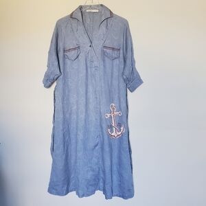 Donoratico Midi Short Sleeve 100% Flax Sailor Lagenlook Blue Dress Womens Size S